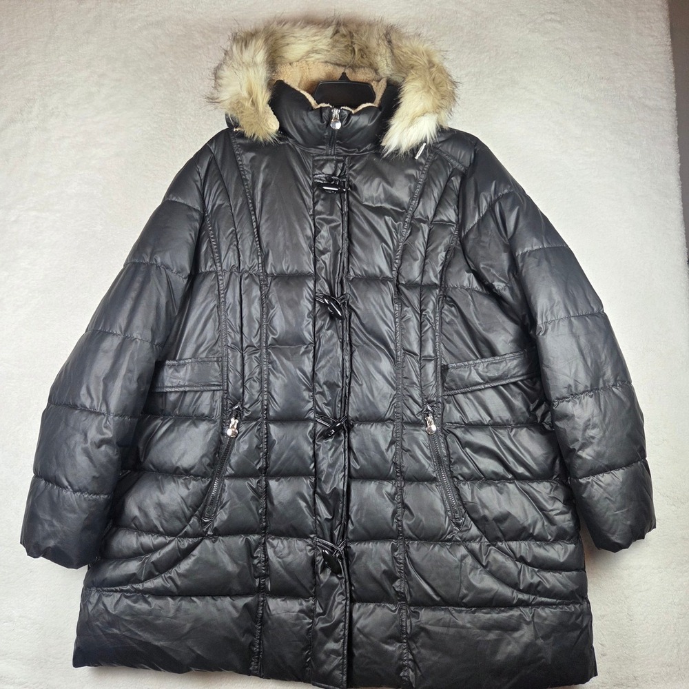 Laundry by Design Womens 3X Black Puffer Coat Faux Fur Hood Toggle Parka Jacket
